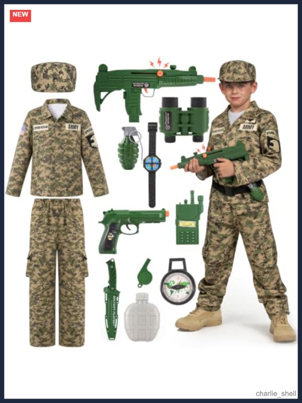 Kids Army Soldier Costume 14-Piece Military Dress-Up Set Halloween